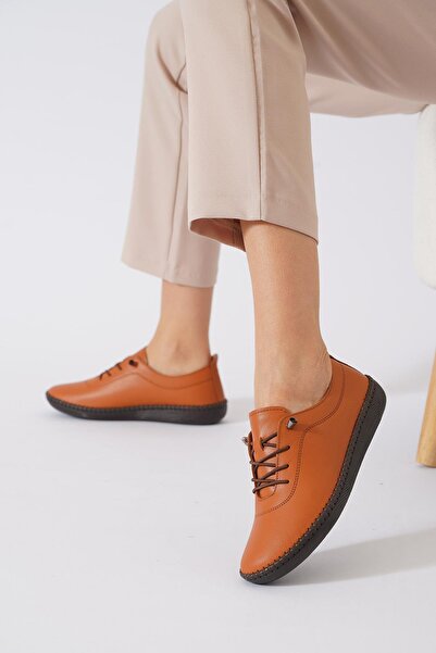 Moda Pie Negade Taban Dikmeli Hakiki Deri Kadın Ayakkabı Taba Cilt