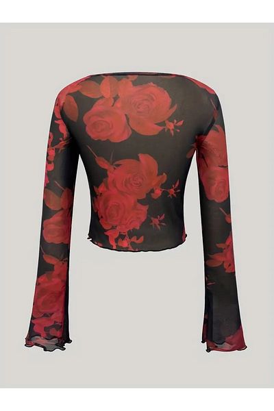 DOSESA Rose Patterned Sports Crop Bustier Transparent Lycra Tulle Body Blouse