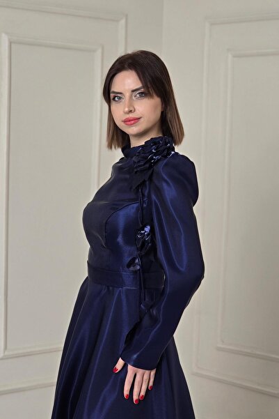 Yonca Moda Evi Lacivert Yaka Çiçekli Abiye Elbise 5150