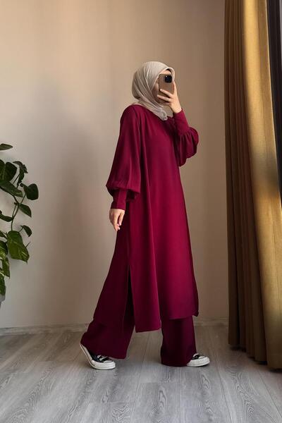 ANDE Manşet Detaylı Pantolonlu Takım- Bordo