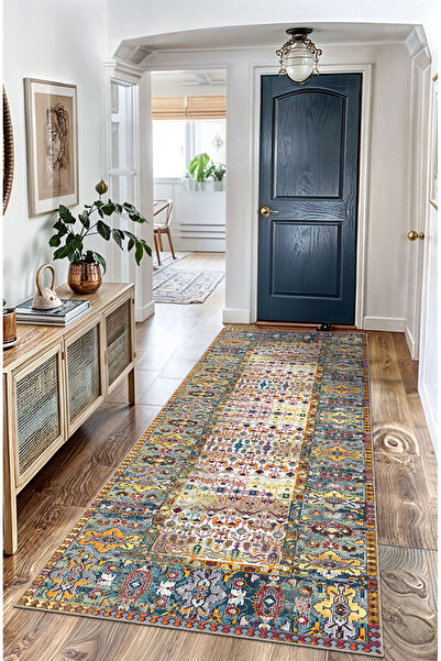 BigArts Home Etnik Desenli Kaymaz Taban Şönil Salon Mutfak Kilim Yuvarlak Yol...