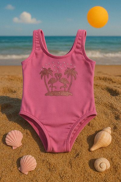 Elayza Press Printed Embroidered Pallemy and Pellican Patterned Stones Pleated Licra Girl's Swimwear