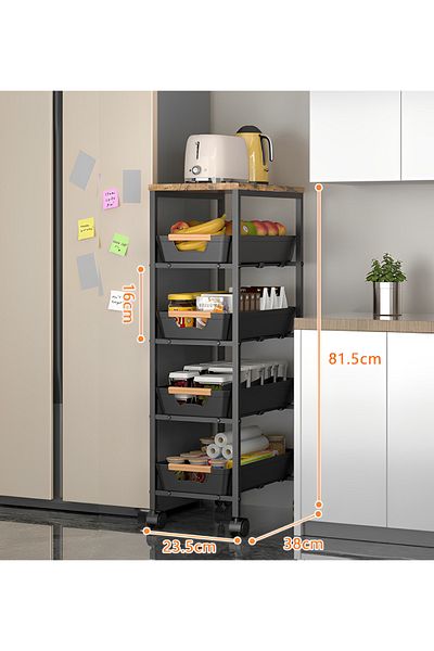 Herum Raft mobil cu 4 rafturi glisante, blat din MDF, negru/maro, 23,5 x 38 x 81,5 cm
