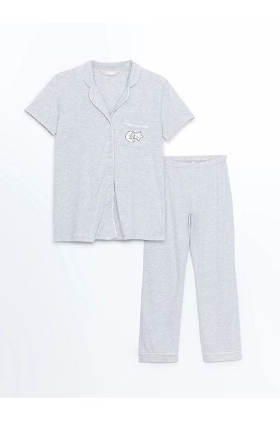 LC Waikiki Lcw Dream Gray Shirt Collar Printed Maternity Pajamas Set