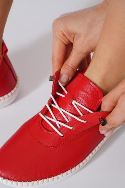 Moda Pie Negade Taban Dikmeli Hakiki Deri Kadın Ayakkabı Kırmızı Cilt