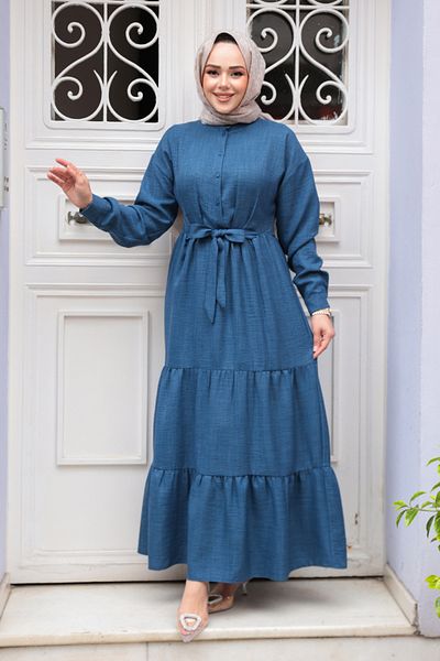 N.S NEVA STYLE Πτυχωτό Πλισέ Indigo Blue Hijab Φόρεμα 61621IM