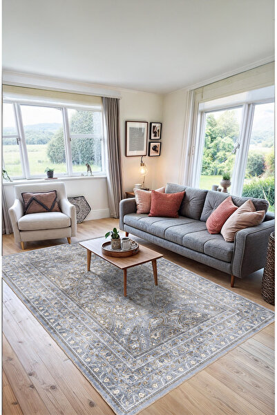 BigArts Home Vintage Gri ve Mavi Çiçek Desenli Anadolu Halısı Dijital Şönil Halı