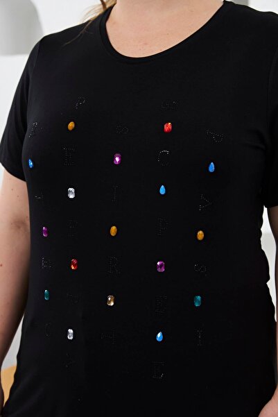 RMG Beads and Stone Embroidered Large Size T-Shirt Black
