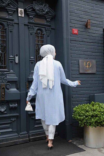 N.S NEVA STYLE Ριγέ Μπλε Χιτζάμπ Βισκόζη Τουνίκ 11740M