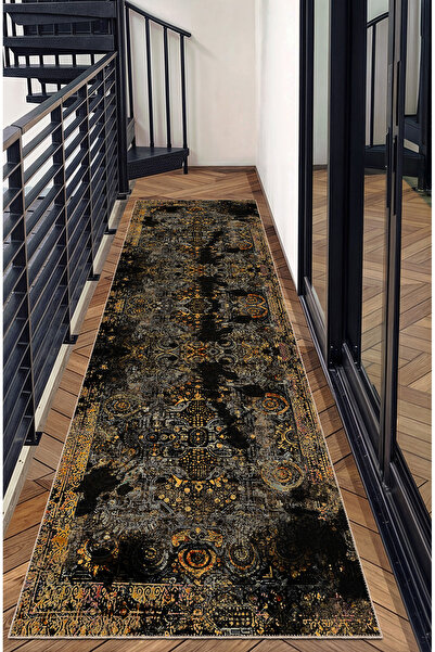 BigArts Home Modern Vintage Şönil Salon Halısı, Siyah Altın Detaylı Yuvarlak ...