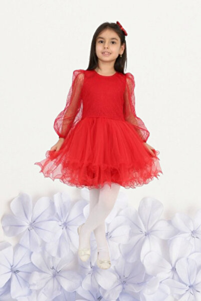 Nacar Kız Çocuk 23 Nisan Okul Gösteri Doğum Günü Tüllü Kırmızı Kısa Elbise R24