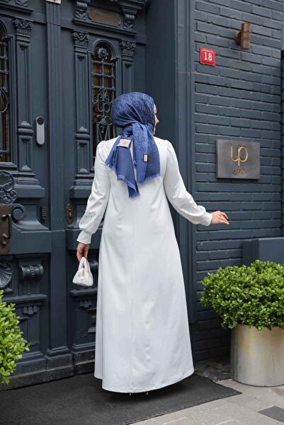 N.S NEVA STYLE Φόρεμα Λευκό Χιτζάμπ με Χάντρες 23815Β