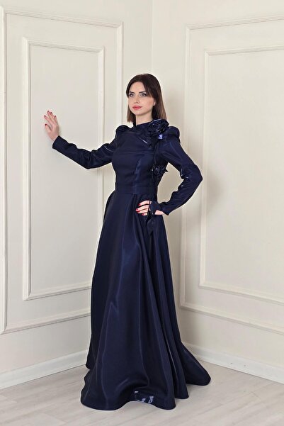 Yonca Moda Evi Lacivert Yaka Çiçekli Abiye Elbise 5150