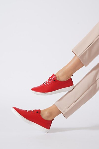 Moda Pie Negade Taban Dikmeli Hakiki Deri Kadın Ayakkabı Kırmızı Cilt