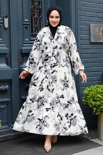 N.S NEVA STYLE Floral Patterned Ecru Viscose Hijab Dress 23589E