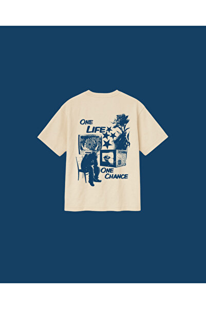 Altair Tr Beige Color Unisex One Life One Chance Blue Printed Oversize T-Shir...