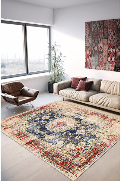 BigArts Home Vintage Madalyon Desenli Şönil Halı Yolluk ve Yuvarlak Kaymaz Ta...