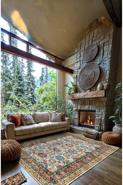 BigArts Home Mavi Bej Vintage Halı Modern Motifli Turuncu Kilim Desenli Dijital Şönil Halı