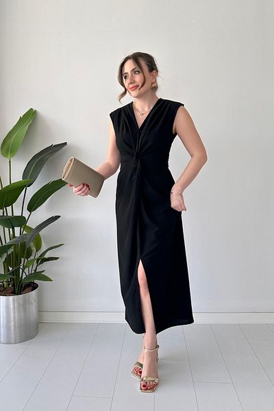 MaziButik Φόρεμα Crepe με κόμπο στήθος μαύρο