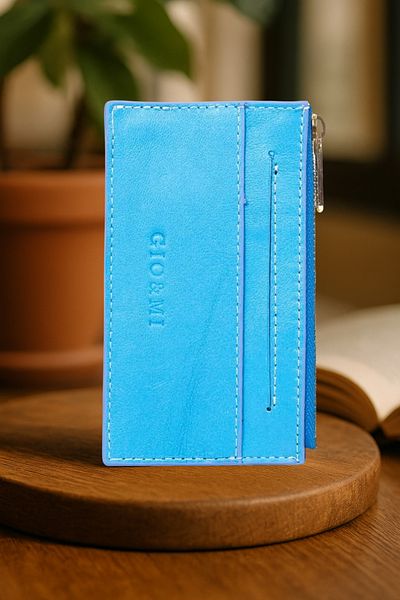 gio&mi Davin Genuine Leather Men's Blue Card Holder Wallet with Coin Compartment and Zipper