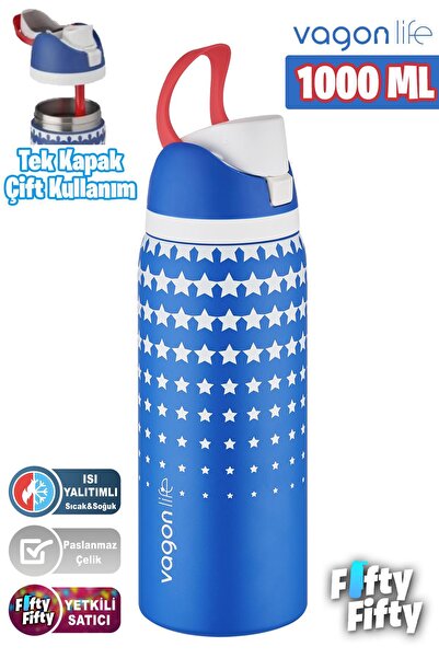 Vagonlife 1000 ML Tek Kapak Çift Kullanım Pipetli/Pipetsiz Taşıma Kulplu Çeli...