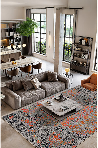 BigArts Home Turuncu Gri Eskitme Desenli Şönil Salon Mutfak Kilim Yuvarlak Yo...