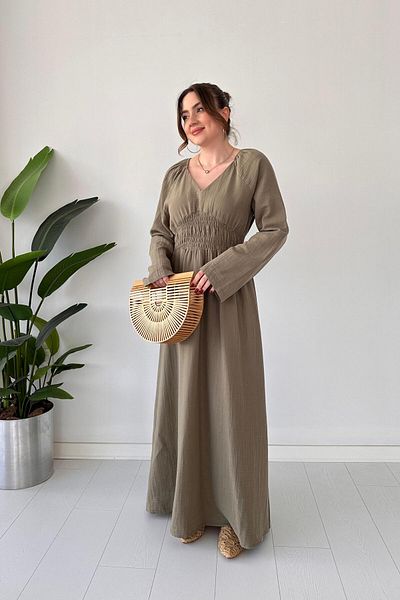 MaziButik Μουσελίνα Φόρεμα Χακί με μισό μανίκι
