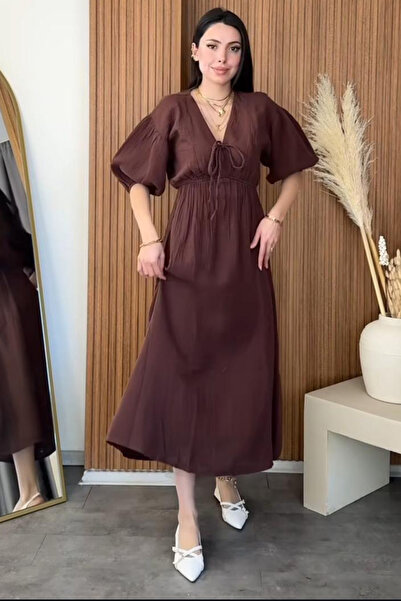 Cockatoo Kadın V Yaka Kahve Müslin Kumaş Kısa Kol Elbise