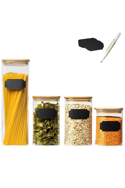Herum Set of 4 glass containers with bamboo lids for food storage, 8 labels and a marker included