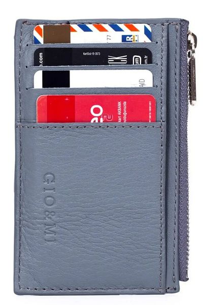 gio&mi Glorya Genuine Leather Women's Light Gray Card Holder Wallet with Coin Compartment Zipper