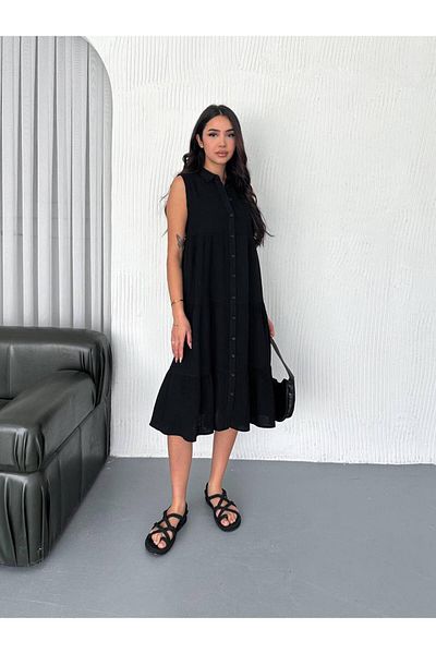 Stil Sepeti Rochie cămașă midi din țesătură de muselină cu nasturi negre pentru femei TL- 100070320