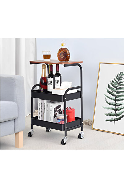 Herum Masa mobila pe 3 niveluri, 2 rafturi de depozitare, blat MDF, negru/maro, 43 x 30 x 77 cm