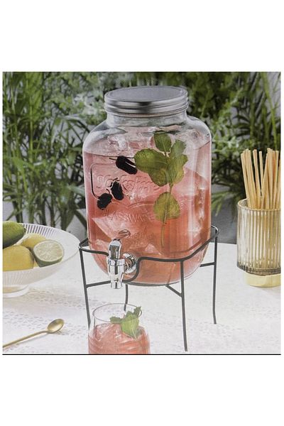 Herum Set de recipiente pentru servire băuturi cu robinet și suport metalic, transparent/negru, 2 bucăți