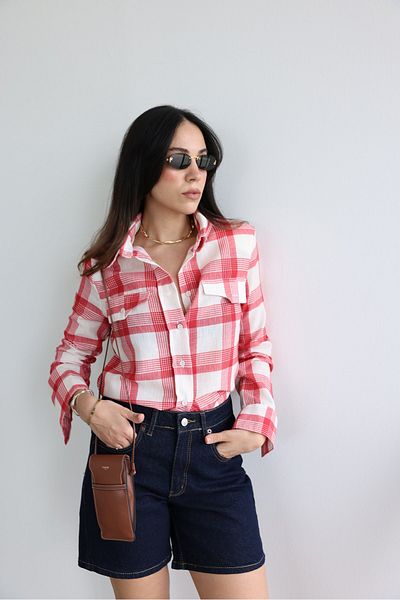 Özge Özgenç Plaid Shirt with Padded Shoulders