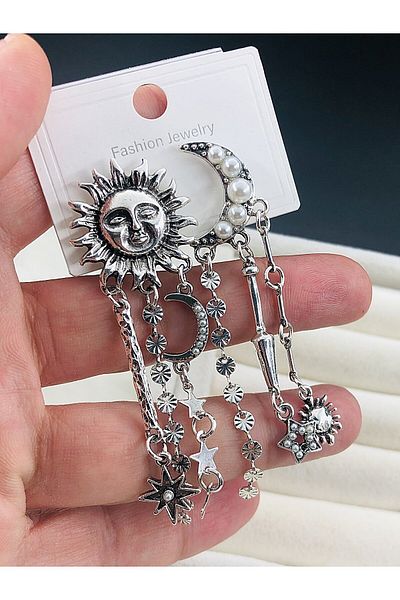 DS DİAMONDSHOP Earrings Zircon Stone Moon and Sun Model New Season Bykp- 202505846