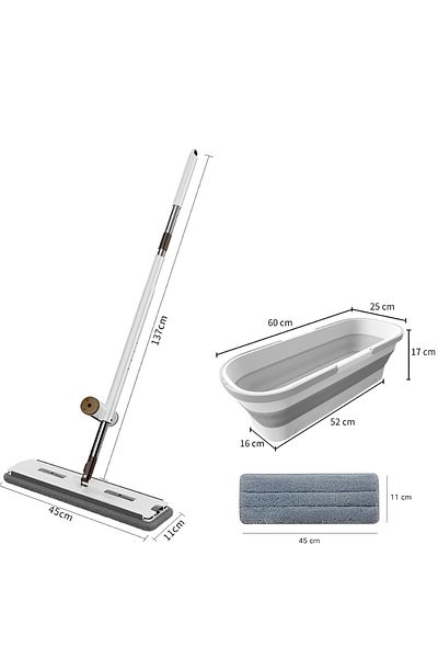 Herum Set mop plat cu storcător, găleată pliabilă cu roți, 4 lavete din microfibră, alb/gri, 8 litri