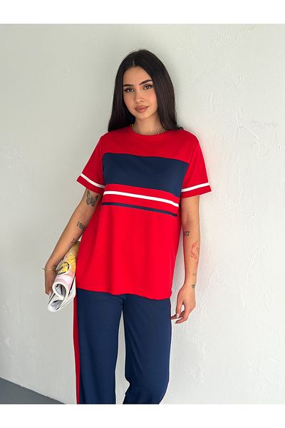 02Lady Fashion Soft Texture Garnish Striped Detail Wide Leg Modal Fabric Tracksuit Set