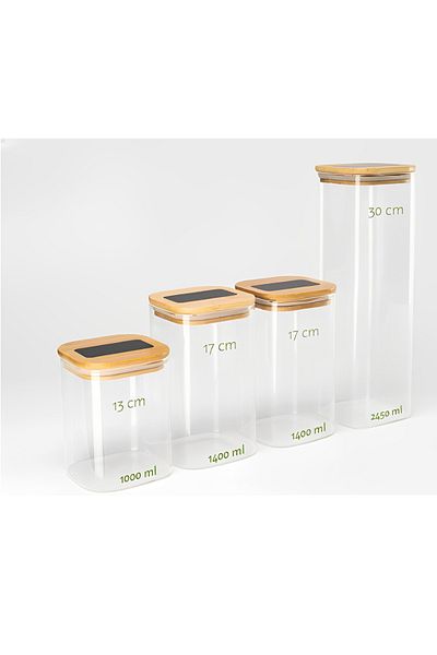 Herum Set of 4 glass containers with bamboo lids for food storage, 8 labels and a marker included