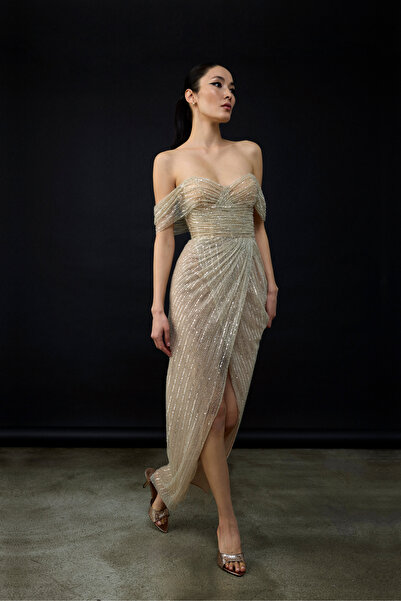 cercis Pul Payet Detaylı Straplez Yırtmaçlı Uzun Abiye Elbise