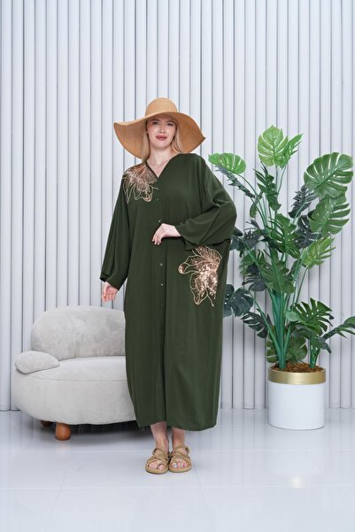 My Blog Khaki Big Flower Embroidered Sequined Large Size Dress - 2038