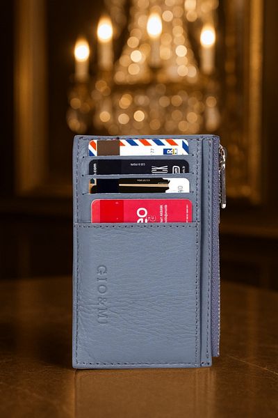 gio&mi Glorya Genuine Leather Women's Light Gray Card Holder Wallet with Coin Compartment Zipper