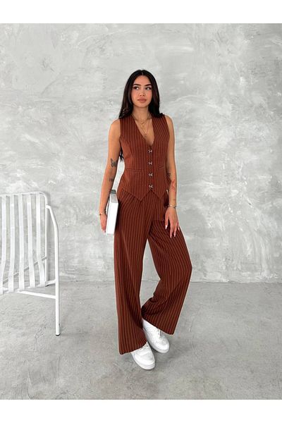 Stil Sepeti Women's Coffee Striped Bow Button Lined Vest Pants Suit Tl- 100080174