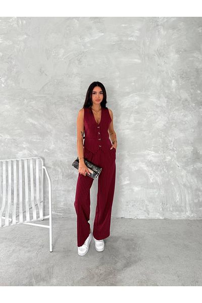 Stil Sepeti Women's Burgundy Striped Bow Button Lined Vest Pants Suit Tl- 100080174