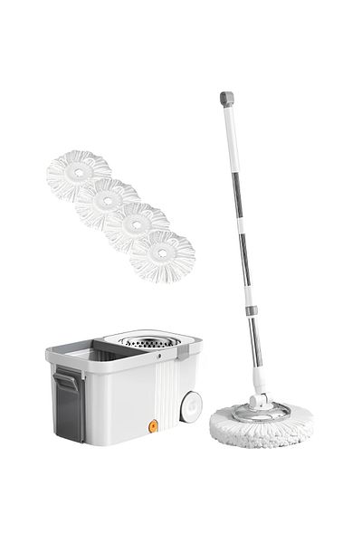 Herum Set mop rotativ cu găleată cu roți și storcător centrifugal, alb/gri, 10 l, 4 lavete incluse