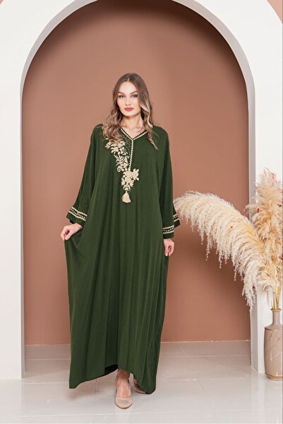 My Blog Khaki Single Collar Embroidered Large Size Dress - 2002