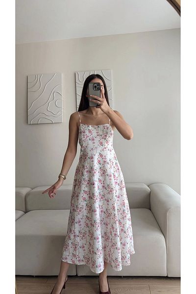Zoom Butik Strappy Floral Jessica Dress - White