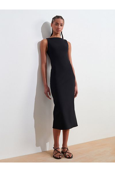 Dilvin 91099 Fitted Midi Dress-Black
