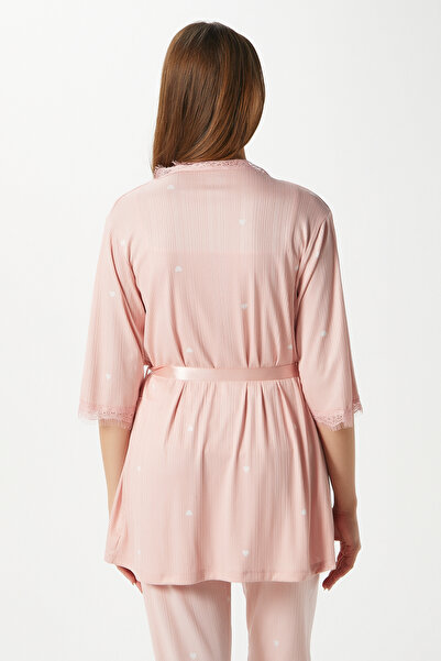 Ritnice Women's Betty Salmon Heart 3-Pack Dressing Gown Rope Strap Lace Ribbed Knitted Pajama Set