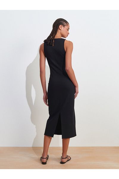 Dilvin 91099 Fitted Midi Dress-Black