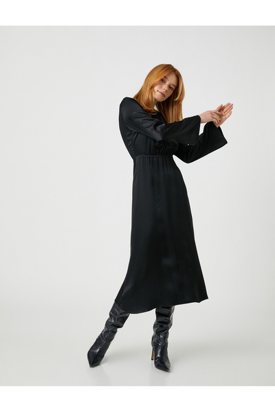 Koton Silk Look Μακρύ Φόρεμα με στρογγυλή λαιμόκοψη και μακρύ μανίκι